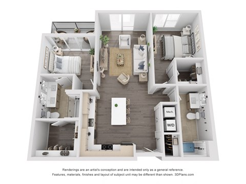 Floor plan for 2 beds, 2 baths, 1114 sqft